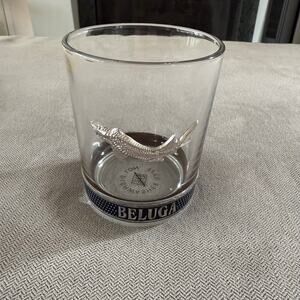 Beluga Vodka Rocks Glass Silver Sturgeon Emblem Blue Band Heavy Bottom Tumbler